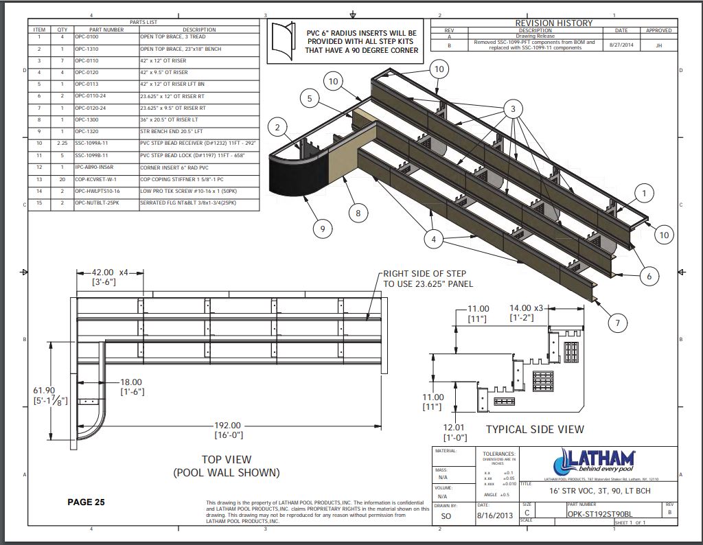 16' Straight Step Polymer 90 Deg. 3-Tread 6" Radius w/ Left Bench